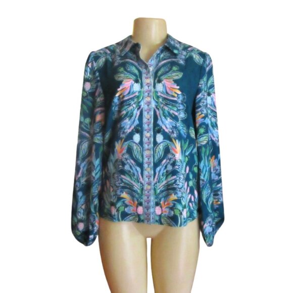 Lilly Pulitzer Tavia Top Valencia Teal Rain Florist Engineered Blouse Size S - Picture 2 of 7
